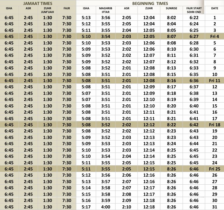 December Salah Timetable 2026
