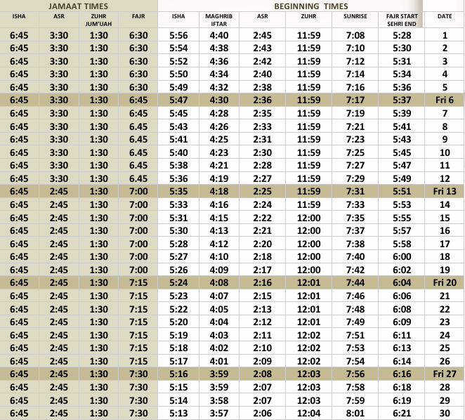 November Salah Timetable 2026